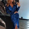 Elegant Women Evening Party Dress Shiny Sequin Deep V-Neck Nightclub Formal Dress Bodycon Irregular Hem Long Dress For Wedding - Lootquake