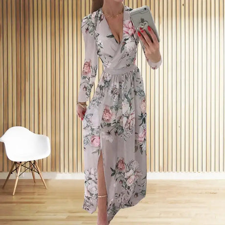 Amazon eBay Cross border 2024 Summer Chiffon Printed Long Dress V-neck Dress Long Sleeve Split Dress Women - Lootquake