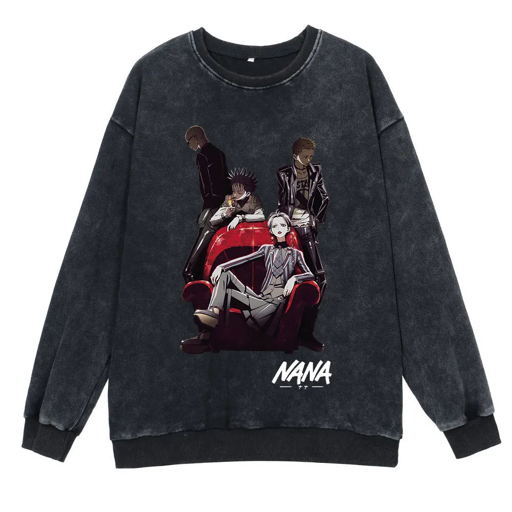 Anime Nana Osaki Round Neck Washed Pullover Casual 100% Cotton Men Women Hip Hop Harajuku Streetwear Vintage Sweatshirt - Lootquake