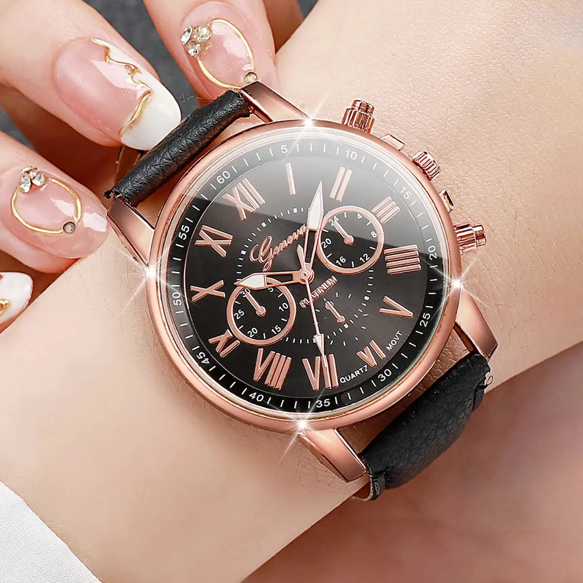 5PCS Women's Watches Fashion Roma Dial Leather Band Quartz Watch Ladies Silicone Band Wristwatch Reloj Mujer（Without Box） - Lootquake