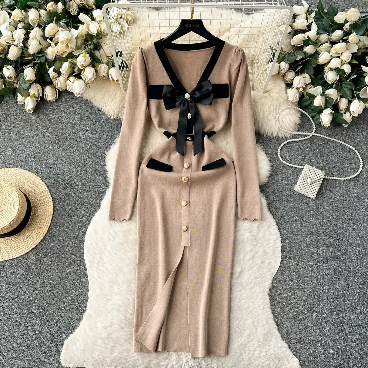 SINGREINY Office Lady Sweater Long Dress 2023 Bow Single Breasted Elastic Split Women Autumn Dress Fashion Senior Knitted Dress - Lootquake