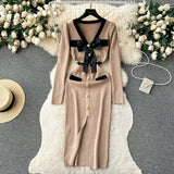 SINGREINY Office Lady Sweater Long Dress 2023 Bow Single Breasted Elastic Split Women Autumn Dress Fashion Senior Knitted Dress - Lootquake