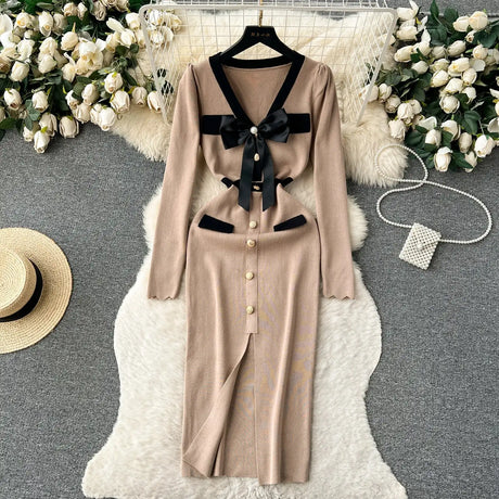 SINGREINY Office Lady Sweater Long Dress 2023 Bow Single Breasted Elastic Split Women Autumn Dress Fashion Senior Knitted Dress - Lootquake