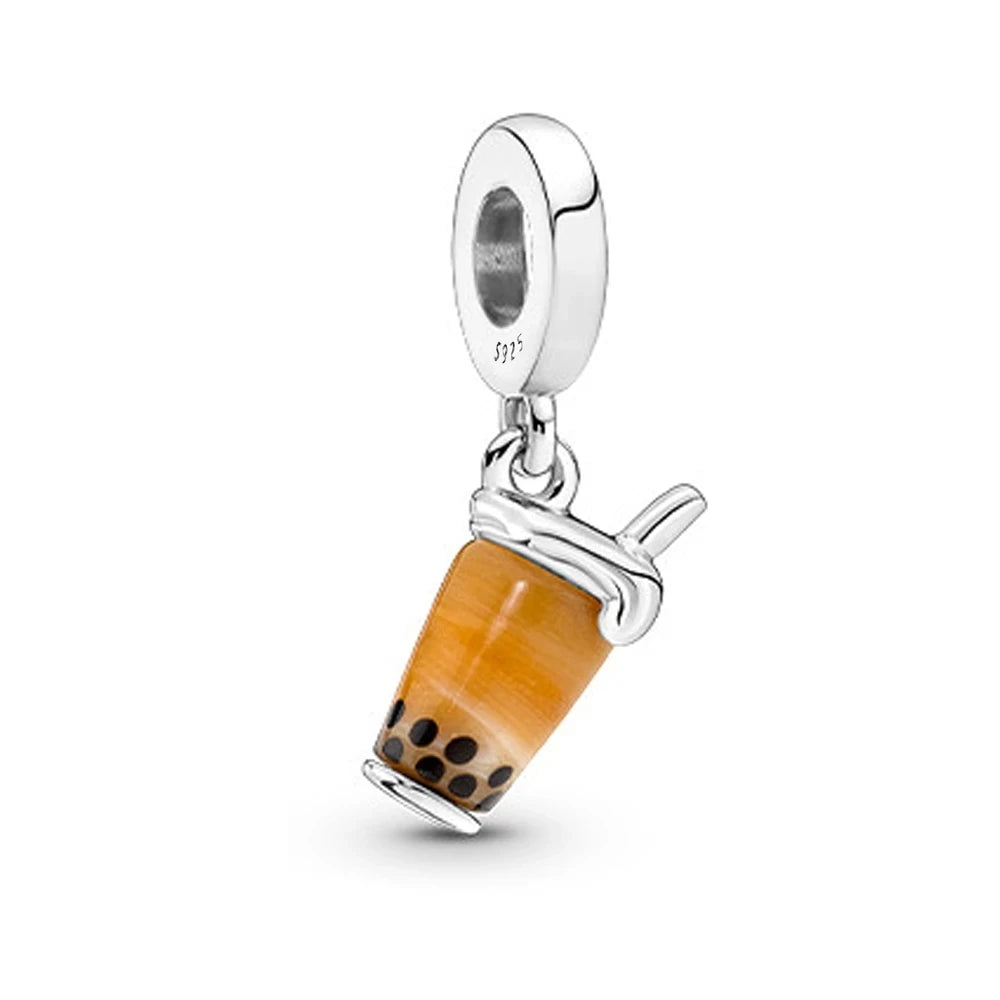 Dije de plata de ley 925 con forma de café, vino tinto, cafetera, copa de champán, compatible con pulseras colgantes originales, joyería DIY para mujer.