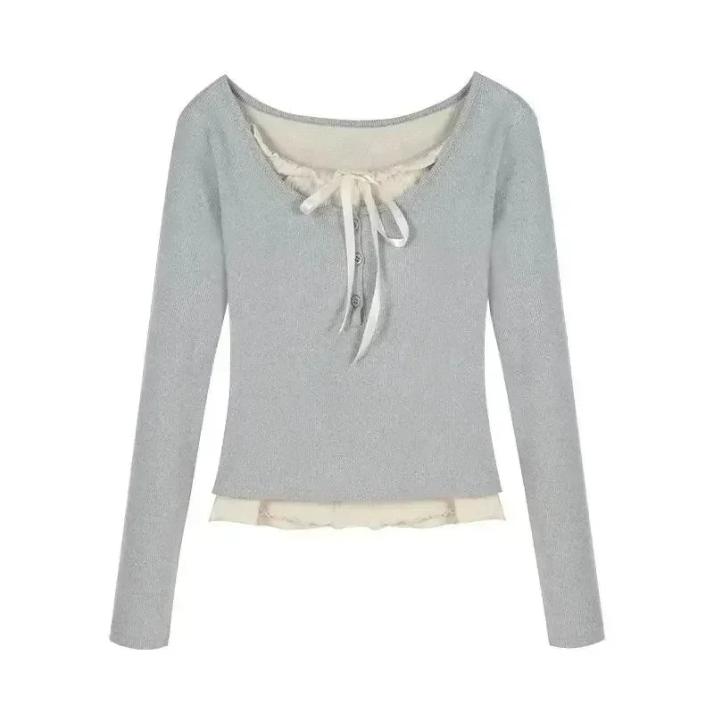 2024 Summer Kawaii Sweet Y2k Crop Tops Woman Casual Slim Long Sleeve Blouse Solid Korean Fashion Bodycon Pullover Office Lady - Lootquake