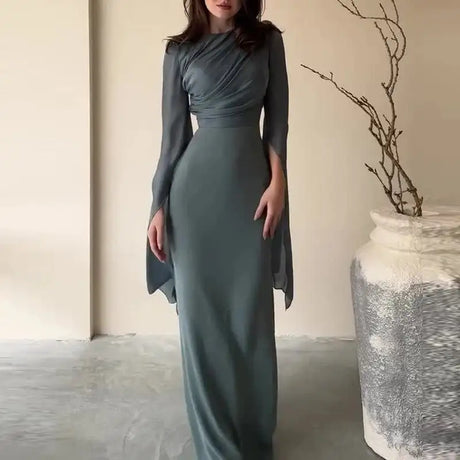 Fashion Satin Solid Robe Dress Ladies Temperament O-neck Slim Evening Dress Elegant Batwing Sleeves High Waist Pleats Long Dress - Lootquake