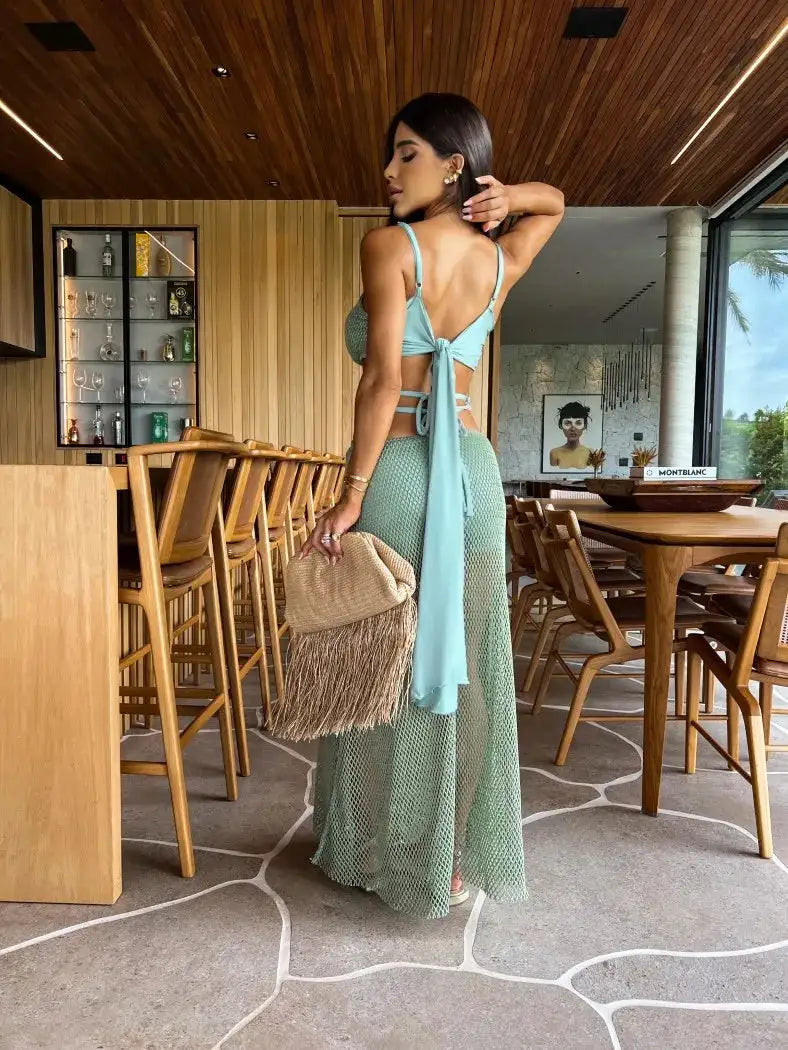 Mesh Long Dress Women Summer Cutout Party Dresses Cover Up Elegant Slim Split Maxi Vestidos Holiday Beach Robe - Lootquake