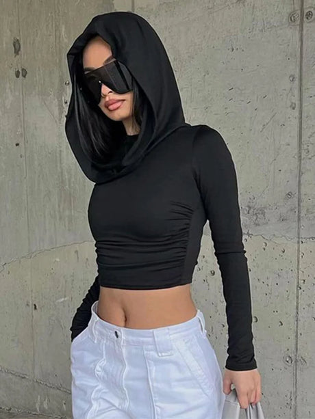 Women's Hooded Crop Tops Autumn Solid Color Long Sleeve Cowl Neck Slim Fit Short T-Shirt Streetwear Sporty Basics Tees - Lootquake