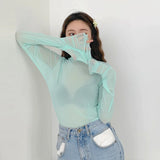 Camisa neón para mujer, de manga larga, con cuello alto, transparente, de malla amarilla dorada, sexy, para fiesta, club, ropa de calle, camisetas de hip hop
