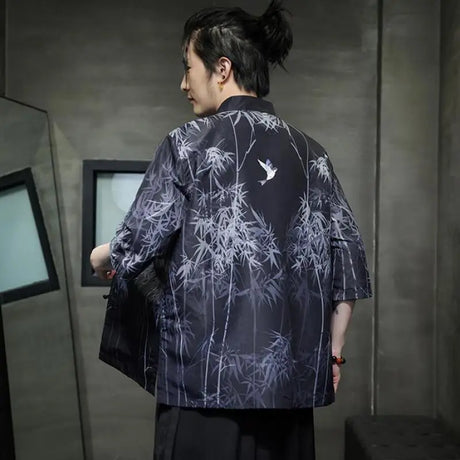 Men Chinese Style Hanfu Shirt Mens loose Tops Tang Suit Bamboo Printing Traditional Kung Fu Shirts Male Casual Shirts M-XXXXXL - Lootquake