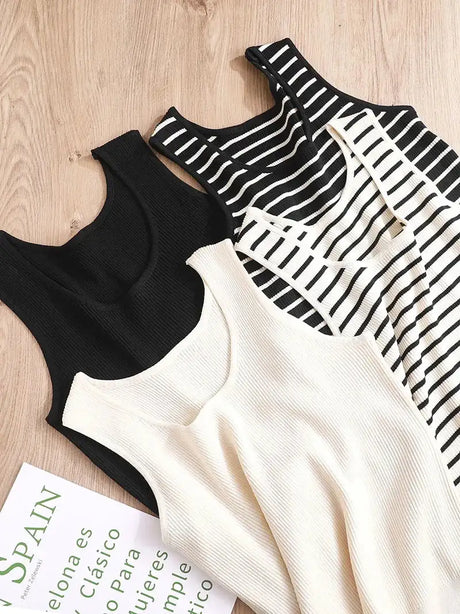 Top Women's loose-fitting striped, spicy Casual Sleeveless Top with round neckline and off-the-shoulder outdoor tank top, summer - Lootquake