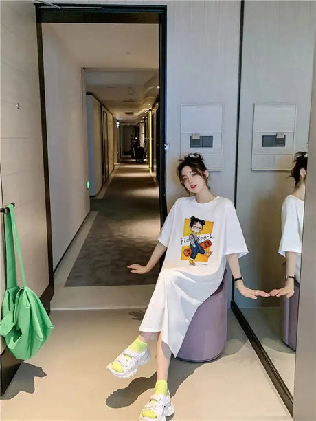 Harajuku Graphic White Long Dress Woman Clothing Y2k Casual Short Sleeve O-Neck Korean Fashion Summer Womens Loose Dresses 2024 - Lootquake