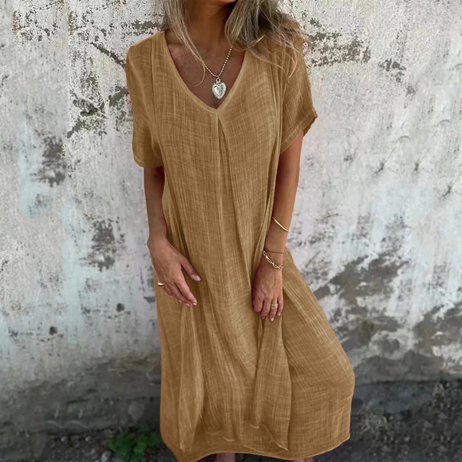 Cotton Linen Short Sleeve Loose Dress 2024 Summer Women's V-neck High Waist Long Dress Vintage Solid Color Straight Beach Dress - Lootquake
