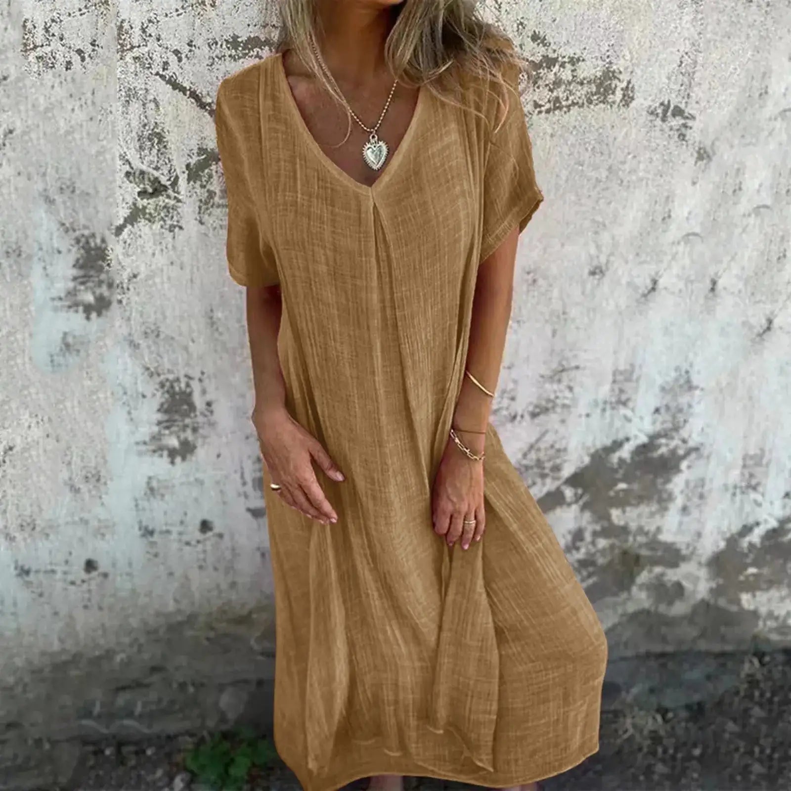 Cotton Linen Short Sleeve Loose Dress 2024 Summer Women's V-neck High Waist Long Dress Vintage Solid Color Straight Beach Dress - Lootquake