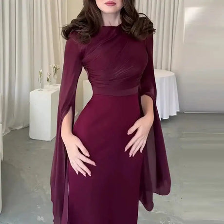 Fashion Satin Solid Robe Dress Ladies Temperament O-neck Slim Evening Dress Elegant Batwing Sleeves High Waist Pleats Long Dress - Lootquake