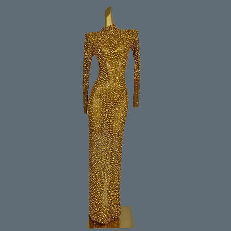 Stunning Evening Gown Long Dress Birthday Celebrate Luxurious Costume Sparkly Big Rhinestone Dancer Flashing Party Dress Gesebei - Lootquake