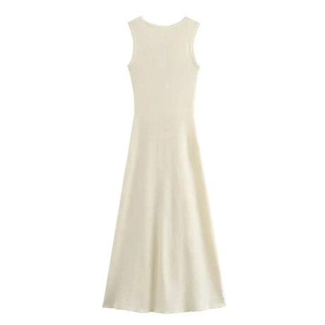 TRAFZA Women Elegant Solid Sleeveless Knitted Long Dress Fashion Single Breasted O Neck Dresses Female Chic Slim Midi Tank Dress - Lootquake