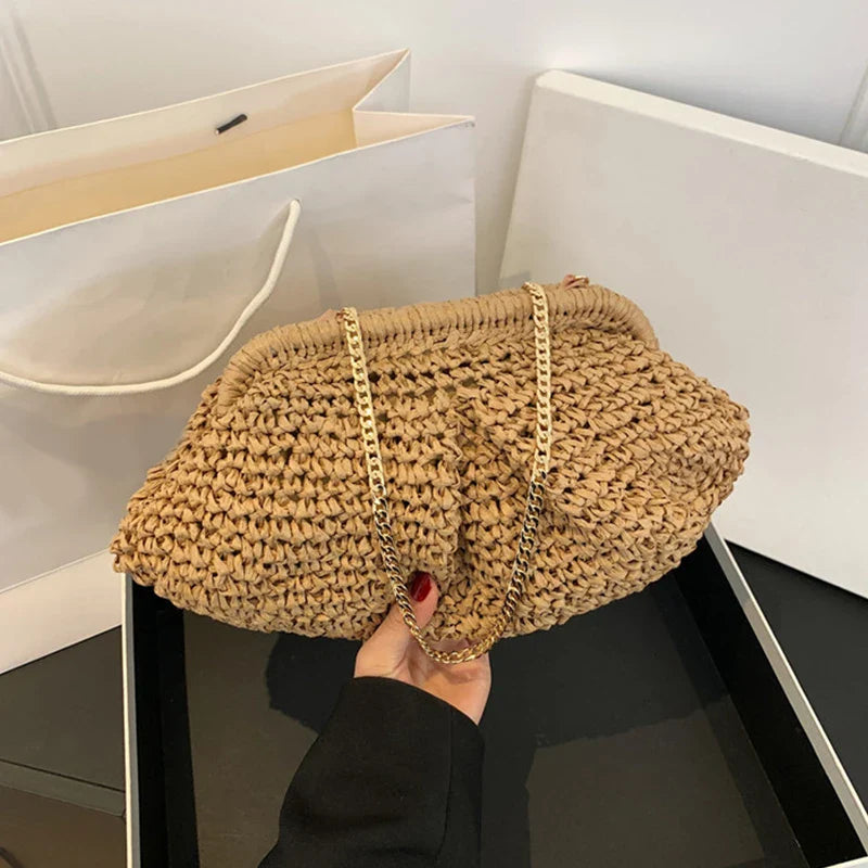Bohemian Straw Dumpling Clutch Bag | Woven Straw Tote Purse for Women (Summer Beach Bag, Wicker Clutch)
