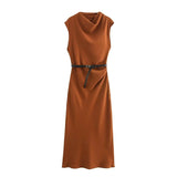 TRAFZA Women's Autumn New Fashion Versatile Belted Midi Slim Long Dress Female Elegant High Street Sleeveless Casual Dress Mujer