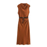 TRAFZA Women's Autumn New Fashion Versatile Belted Midi Slim Long Dress Female Elegant High Street Sleeveless Casual Dress Mujer