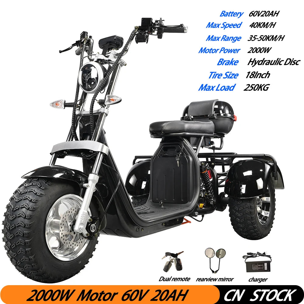 Trottinette électrique 3 roues pour adulte, moteur 2000 W, vitesse maximale 35-45 km/h, charge maximale 250 kg, pneus larges tout-terrain de 18 pouces