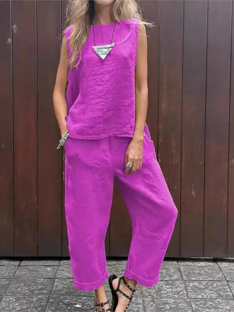 Summer Cotton And Linen Casual Outfits Female Fashion Solid Color Two-piece Set For Women Sleeveless Top Trousers Women's Suit - Lootquake