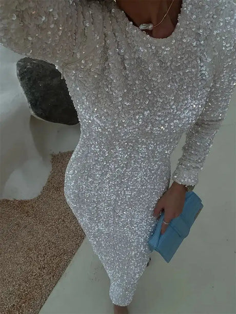 Sequined Party Dresses For Women Removable Sleeve O-neck Slim Long Dress Female 2025 Elegant White Lady Sexy Evening Vestidos - Lootquake