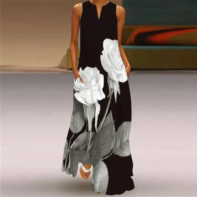 2024 New Summer Women's Sleeveless V-neck Printed Sexy Long Dress for Cross Border Trade in Europe and America - Lootquake