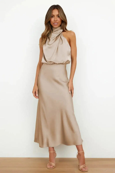 Summer High-End Silk Satin Sleeveless Long Dress Women Fashion Elegant Celebrity Dresses Evening Dress Party Clothes Ladies - Lootquake