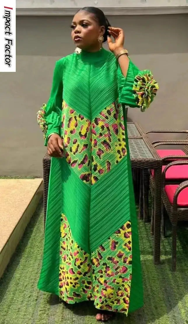 2024 Miyake Fashion Splicing Leopard Print Maxi Dress with Round Neck Hand Shake Flower Horn Sleeves Long Loose Fit Long Dress - Lootquake