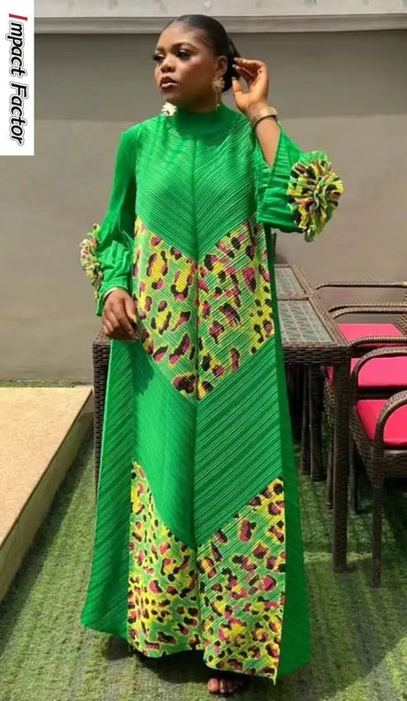 2024 Miyake Fashion Splicing Leopard Print Maxi Dress with Round Neck Hand Shake Flower Horn Sleeves Long Loose Fit Long Dress - Lootquake