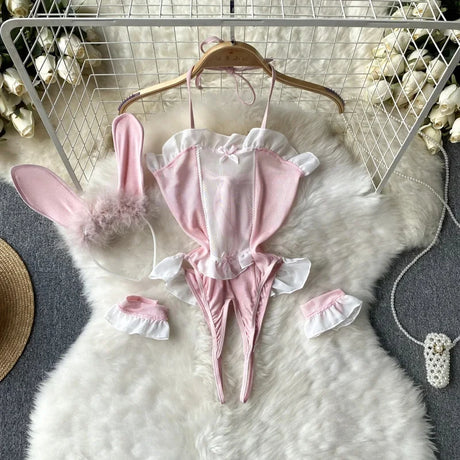 Red Christmas Sexy Lingerie Shawl Set Halter Jumpsuit Lace-up Cosplay Costume New In Women Clothes Skinny Bodysuit Suit Hotsweet - Lootquake