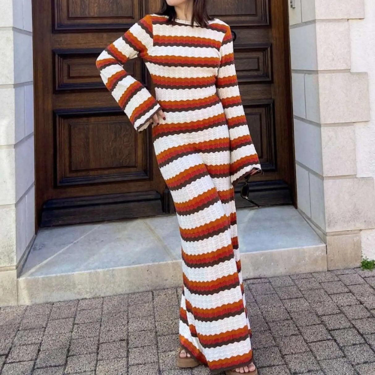Knitting Hollow Out Dresses Women's Striped Contrast Dresses Beach Vacation Sexy Long Dress Autumn And Winter Sweater Dress - Lootquake