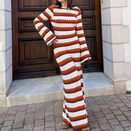 Knitting Hollow Out Dresses Women's Striped Contrast Dresses Beach Vacation Sexy Long Dress Autumn And Winter Sweater Dress - Lootquake