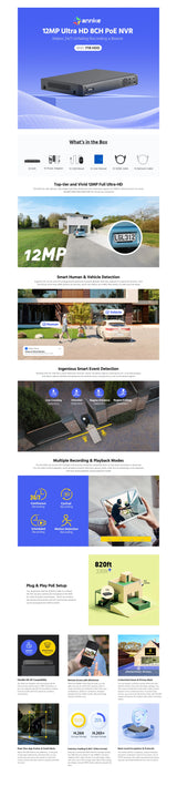 Grabador de video ANNKE 8CH 12MP POE 4K H.265+ NVR para videovigilancia de seguridad con cámara IP POE de 2MP, 4MP, 5MP, 6MP y 8MP con disco duro de 1TB