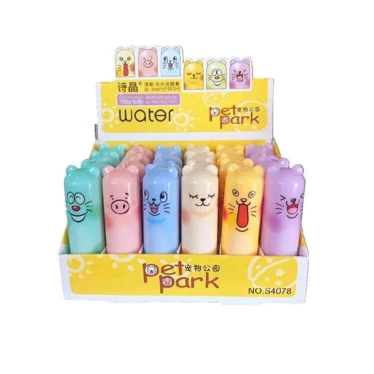 Lote de 24 bálsamos labiales hidratantes con sabor a fruta, incoloros y con dibujos animados, de plantas naturales, para embellecer labios y maquillaje.