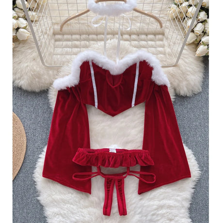 Red Christmas Sexy Lingerie Shawl Set Halter Jumpsuit Lace-up Cosplay Costume New In Women Clothes Skinny Bodysuit Suit Hotsweet - Lootquake