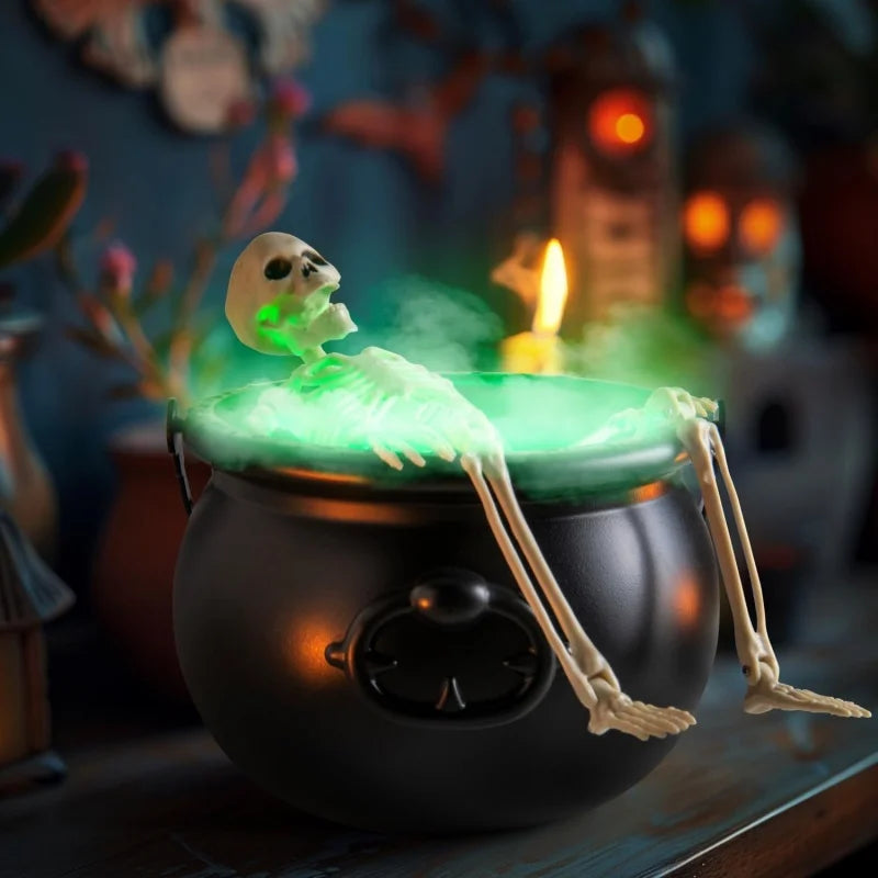 Caldero de bruja de Halloween con luz LED y generador de niebla, decoración de esqueleto para fiestas de Halloween espeluznantes, hogar y fiestas de Halloween.