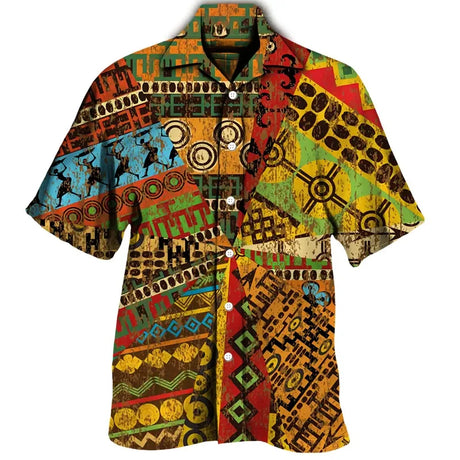 Colourful Bohemia African Graphic Shirts For Men Clothing Fashion Mens Short Sleeve Casual Y2k Lapel Blouse Summer Beach Tops - Lootquake