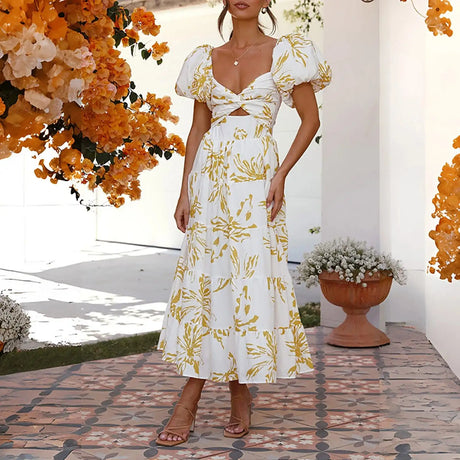 Summer V Neck Cutout Floral Print Dresses Elegant Women Puff Short Sleeve Casual Dress Pleated Waisted Swing Beach Long Dress - Lootquake