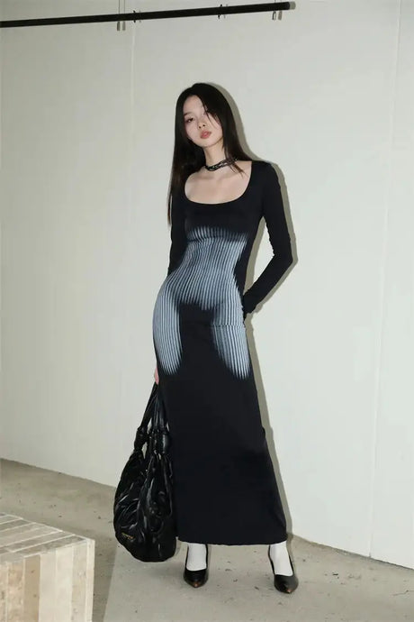 Y2K Sexy Long Sleeved Print Design Long Dress Elegant Slim Square Necked Dress Woman Street Style Wrapped Hip Skirt - Lootquake