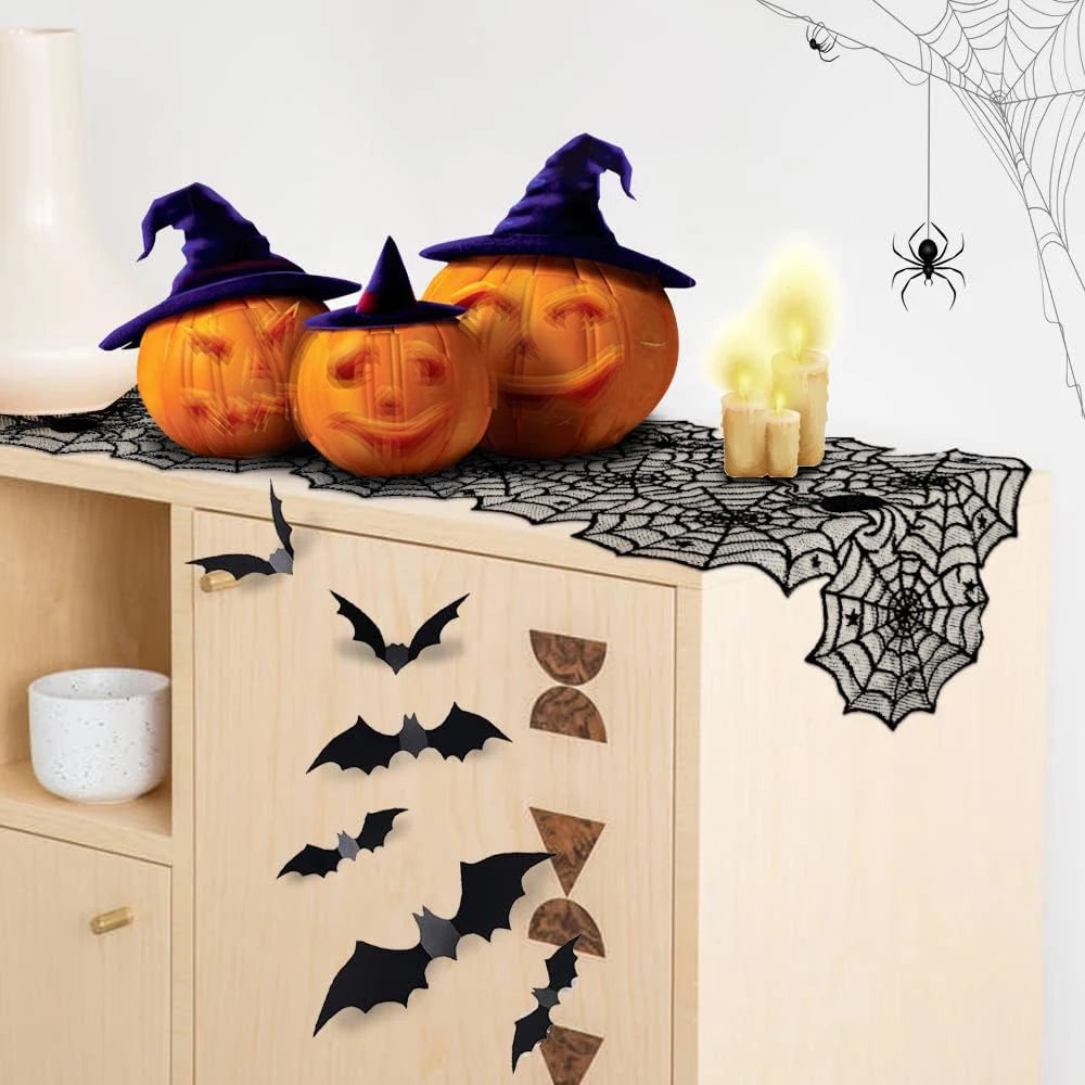 Halloween Decorations Set Spider Web Table Runner Fireplace Scarf Cover Tablecloth 3D Bats Wall Stickers Halloween Party Decor