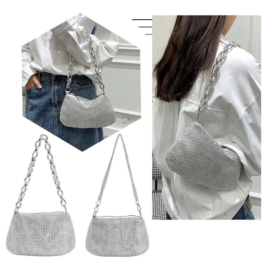 Bling Rhinestone Evening Clutch Bag | Women's Korean Designer Diamond Chain Dinner Party Handbag (Lady Square Tote Shoulder Bag)