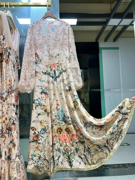 Women V Neck Lace Embroidery Patchwork Silk Floral Print Lantern Sleeve A-line Maxi Long Dress - Lootquake
