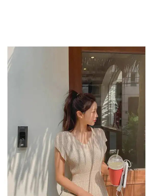 Summer High Quality Korean Simple Hollow Out Vest Knit Sweater Dress Women Japanese Gentle V-Neck Slim Elastic Knit Long Dress - Lootquake