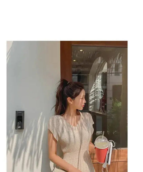 Summer High Quality Korean Simple Hollow Out Vest Knit Sweater Dress Women Japanese Gentle V-Neck Slim Elastic Knit Long Dress - Lootquake
