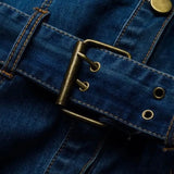 Vintage Button Up Jeans Dress Women Blue Lapel Denim Vestidos Winter Office Slim Long Sleeve Mid-Cuff Denim with Belt Long Dress - Lootquake