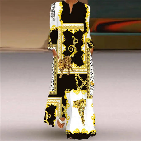 Women Autumn Winter Long Dress Elegant Party Casual V Neck Long Sleeve Vestids Style Loose Stripe Printing Vintage Maxi Dresses - Lootquake