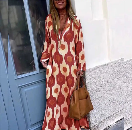 Bohemian Casual Print V-neck Long Dress Spring Autumn Vintage Mosaic Print Maxi Dress Loose Long Sleeve Holiday Dresses Vestido - Lootquake