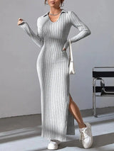 2024 Spring/Summer Knitted Dress Slim Fit Fashion Casual Women's Lapel Long sleeved Dress Concave Stripe Solid Color Long Dress - Lootquake